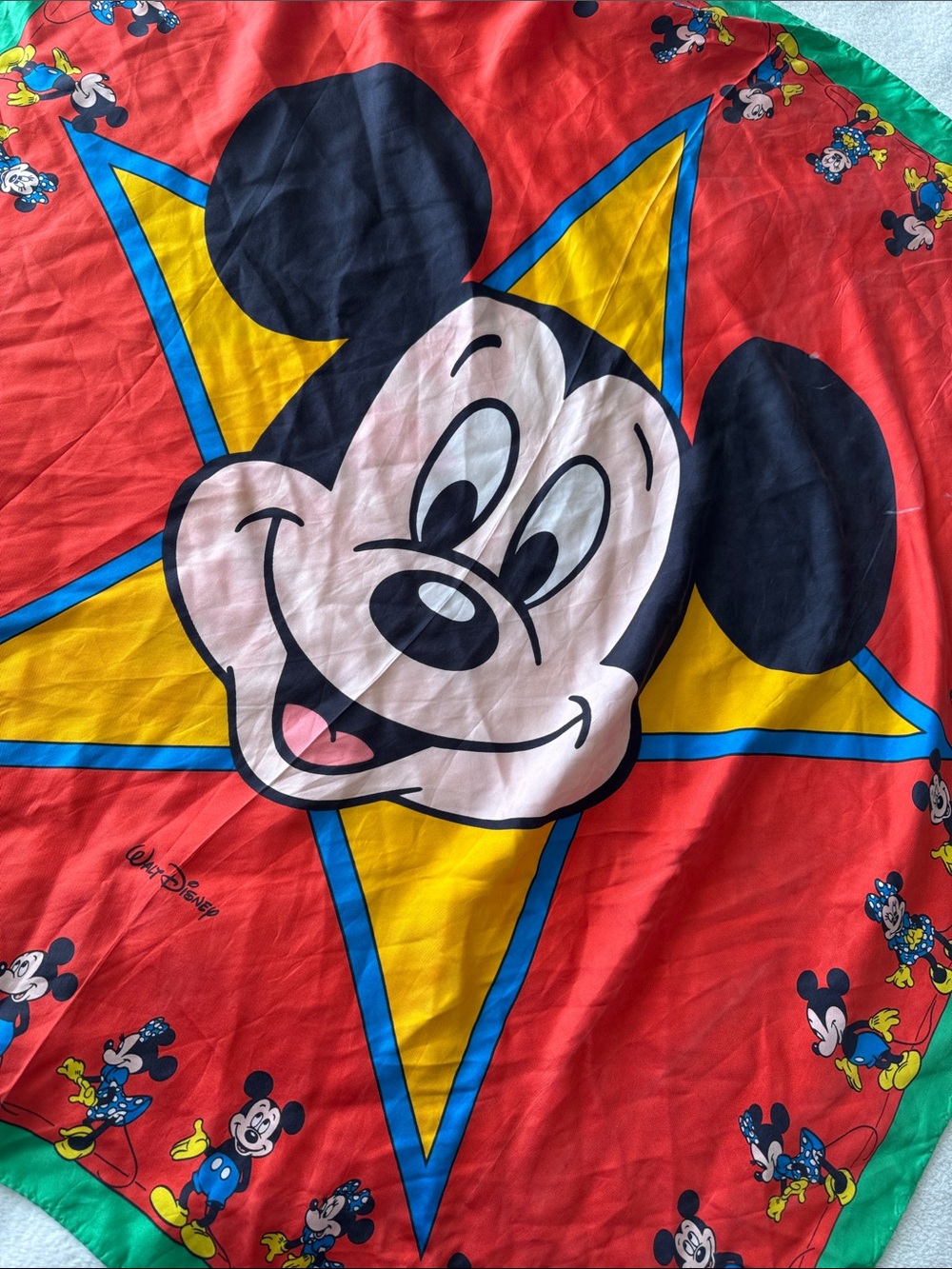 Vintage Disney Mickey Minnie Silk Scarf Red Green Star Graphic Italy Luxurious - Picture 7 of 12